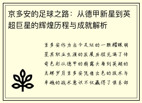 京多安的足球之路：从德甲新星到英超巨星的辉煌历程与成就解析