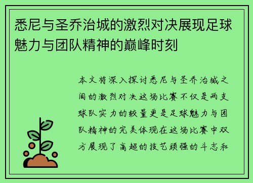 悉尼与圣乔治城的激烈对决展现足球魅力与团队精神的巅峰时刻
